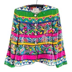 Vintage Rickie Freeman Teri Jon Colorful Printed Silk Sequin Blazer Jacket